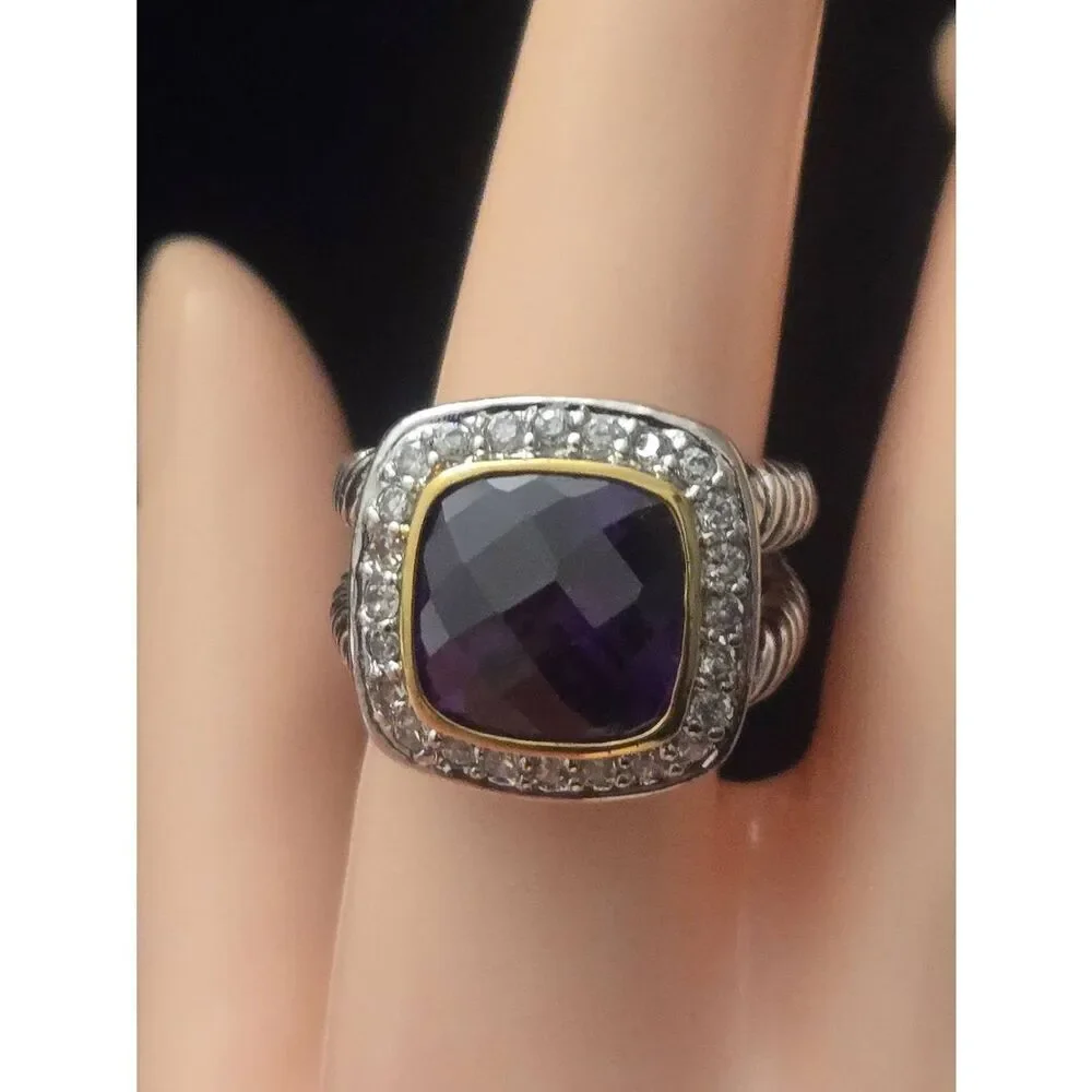 Women's Size 9 Purple Amethyst & White Crystal CZ Silver Tone Ring